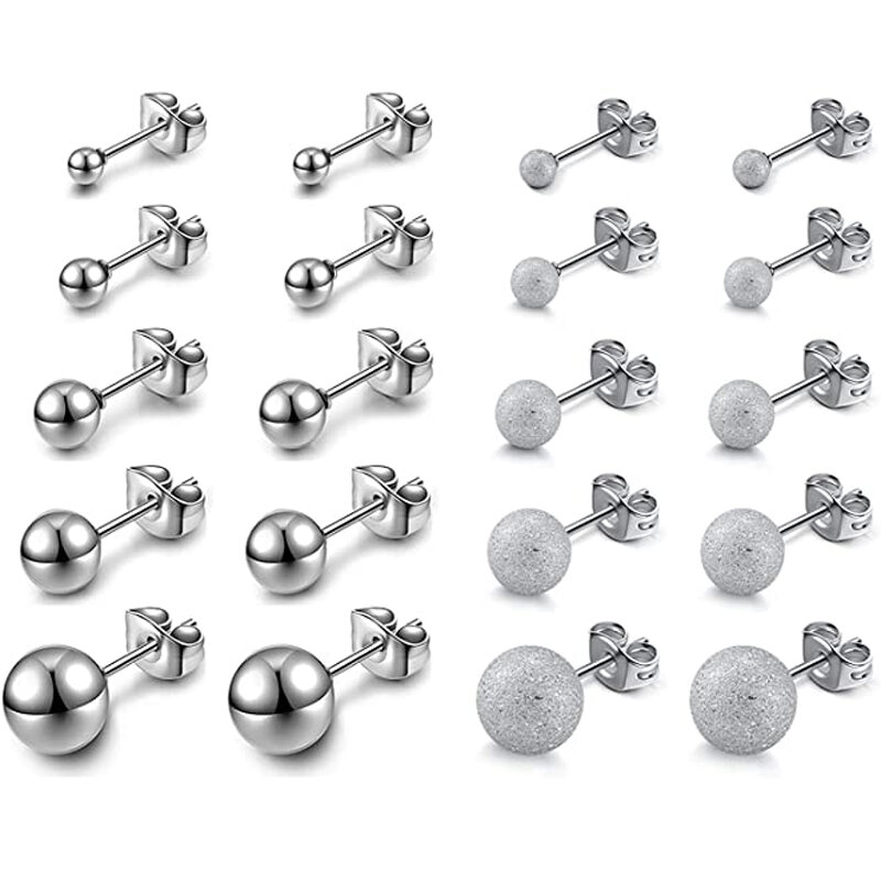 10 Pairs Hypoallergenic Silver Ball Stud Earrings Set Bundle with Silver Round Matte for Women Girls Sensitive Earrings