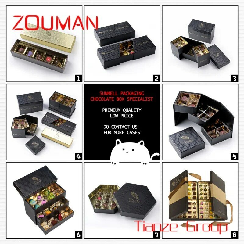 Cajas de Regalo de papel de embalaje de Chocolate con logotipo personalizado de grado alimenticio, caja de Chocolate de bombón negro de lujo con divisores