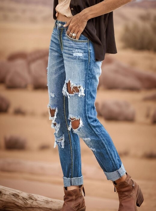 Pantaloni a crimpare da donna 2024 estate ultimo Casual buco lavato dritto Street Style Streetwear pantaloni affusolati elasticizzati Jeans