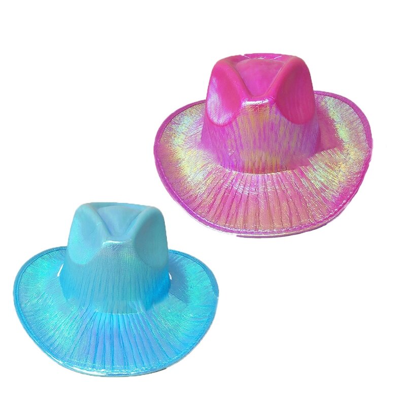 قبعة رعاة البقر المرحة ذات اللون المعدني المجسم لحفلات الديسكو وقبعة رعاة البقر باللون الوردي اللامع