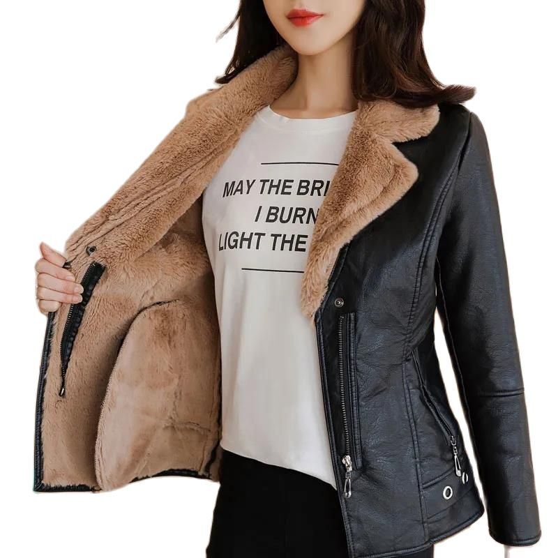 2022 Women Fur Leather Jacket Autumn Winter Overcoat Add Velvet Thick Warm Outwear Female Leather Jackets Zipper Lamb Wool Coat