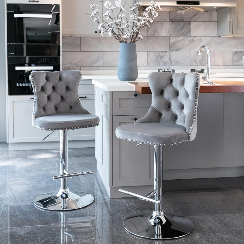 Swivel Bar Stools Set of 2, Adjustable Counter Height Barstools with Nailheads Trim, ButtonBar Kitchen Island, Gray