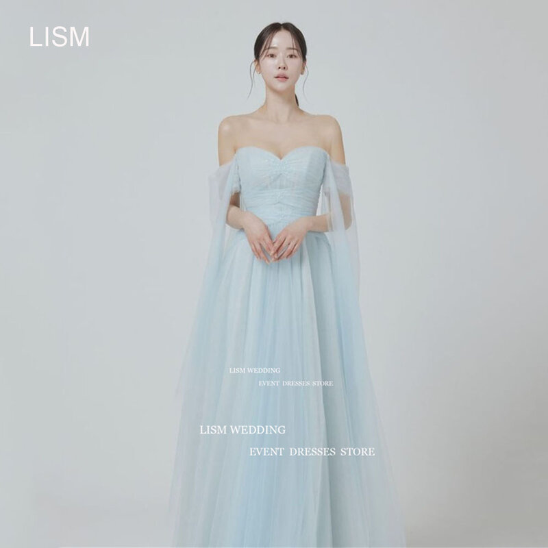 LISM 연인 스카이 블루 한국 A 라인 이브닝 드레스, 오프 숄더 웨딩 사진 촬영, 격식 있는 행사 가운, 백리스 파티 원피스