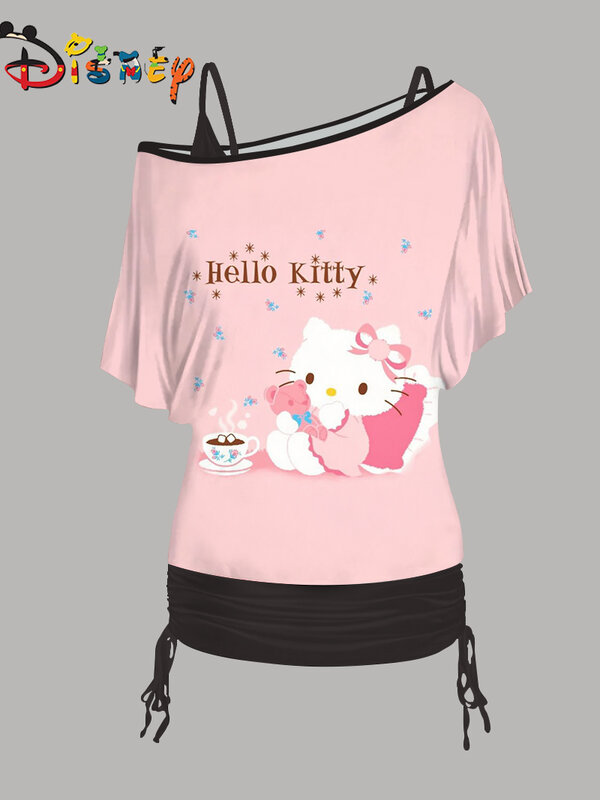 Disney-Hello Kitty elegante camiseta e mini saia para mulheres, tops elegantes, manga de um ombro, vestidos de verão, 2021