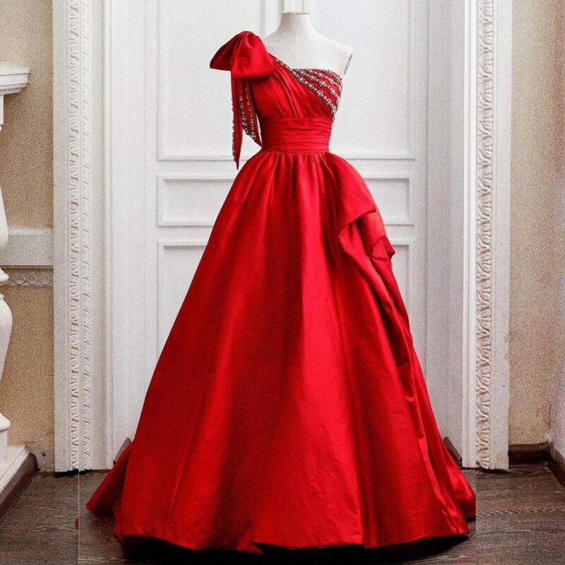 Satynowa suknia świąteczna z kryształkami w kształcie litery A na jedno ramię, na zamówienie, długa suknia okazjonalna