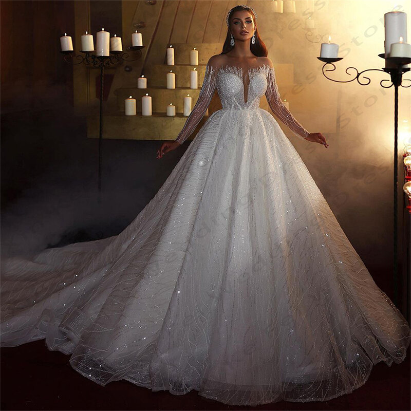 Женское блестящее свадебное платье, элегантное кружевное ТРАПЕЦИЕВИДНОЕ платье принцессы для выпускного вечера с круглым вырезом и длинным рукавом, официальное пляжное платье, 2024