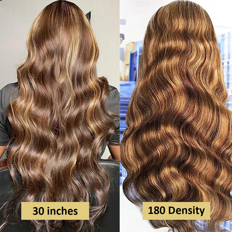 Wig rambut manusia Highlight gelombang tubuh 13x6 HD renda depan Wig Ombre Brasil berwarna 13x4 Wig Frontal renda transparan untuk wanita