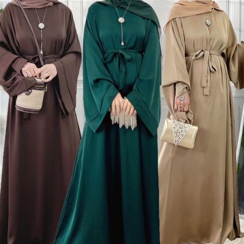 Solid Plus Size Dress for Women Arabia Dubai Abayas Party Kaftan Muslim Dress Women Fashion Basic Model Clothes for Muslim Women