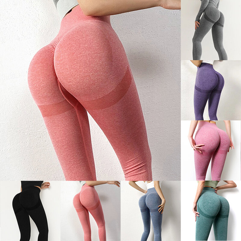 Celana legging olahraga wanita, celana legging Push Up pinggang tinggi elastis, celana Yoga olahraga cepat kering warna Solid untuk wanita