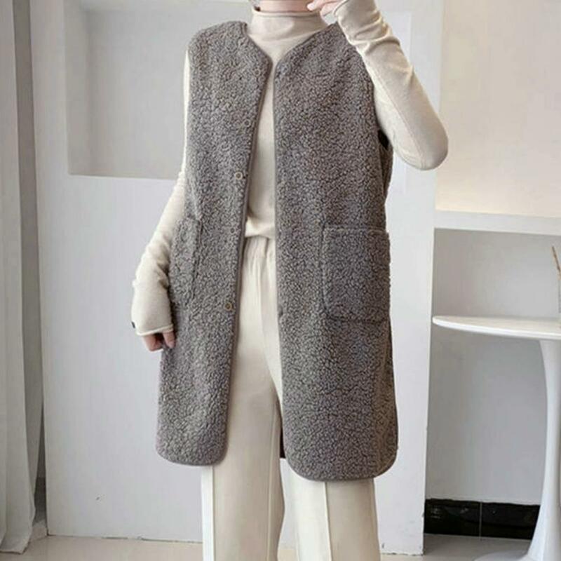 여성용 세련된 캐주얼 민소매 코트, 브이넥 단추 클로저 레이디 재킷, 일상 착용 포켓 포함
