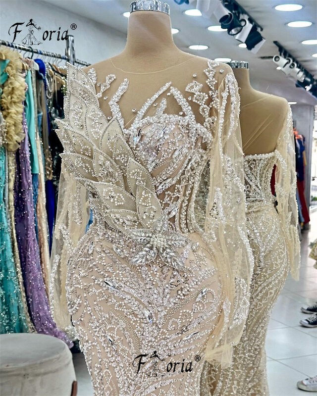 Elegante Perlen Applikation Meerjungfrau Party Kleid Abend lange Ärmel Dubai Frau Ballkleider arabische formelle Veranstaltung Kleider Cerimonia