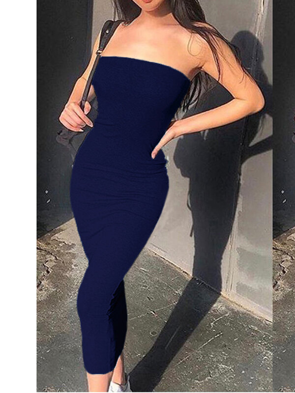 Long Pencil Dresses Women Strapless Work Office Party Solid Black White Red Bodycon Sexy New