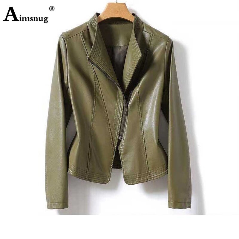 AimsnDP2023-Combinaison en similicuir PU pour femme, vestes vintage, poches zippées, grande taille, automne, hiver, mode