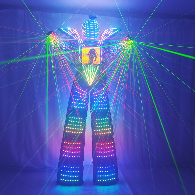 Traje LED Robot Costume vestiti Stilt Walking Luminous Suit Jacket Chest Display casco guanti Laser