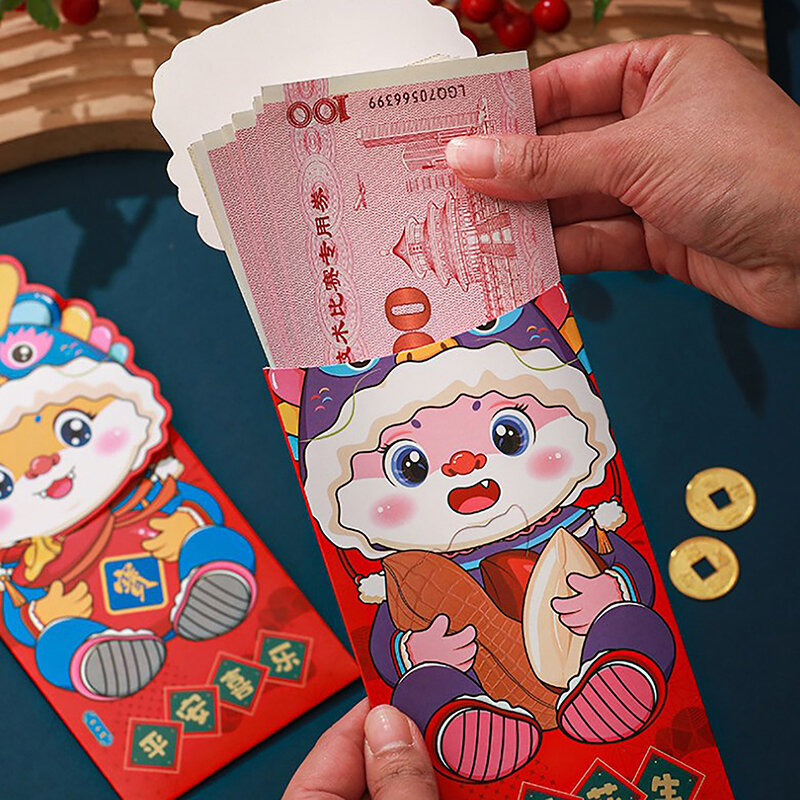 4 buah 2024 Tahun Baru Cina amplop merah kartun Naga Tahun Hongbao Festival Musim Semi kantong uang paket keberuntungan pernikahan