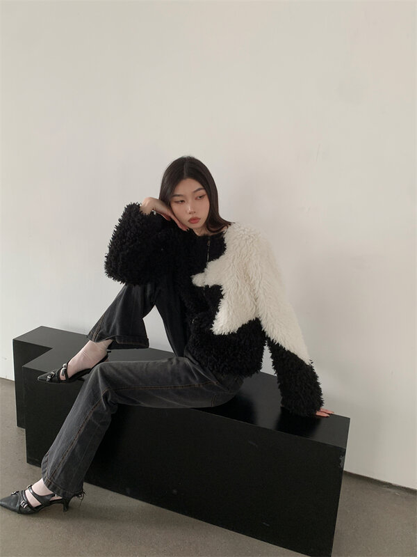 Contest ERART-Manteau de fourrure patchwork étoile pour femme, veste duveteuse, manteau moelleux noir, créateur de mode coréenne, vêtements d'hiver