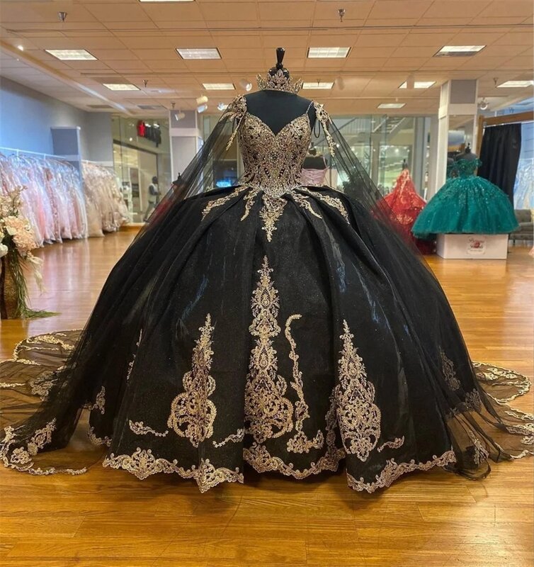 Black Princess Quinceanera Dresses Ball Gown Spaghetti Straps Appliques Sweet 16 Dresses 15 Años Custom