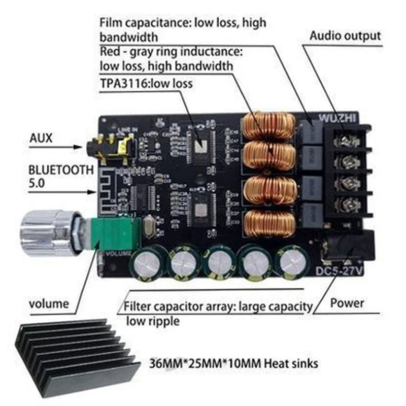 ZK-1002 Amplifier Digital, HIFI 100WX2 TPA3116 Bluetooth 5.0, kekuatan tinggi, Amplifier Audio Stereo, papan penguat musik rumah