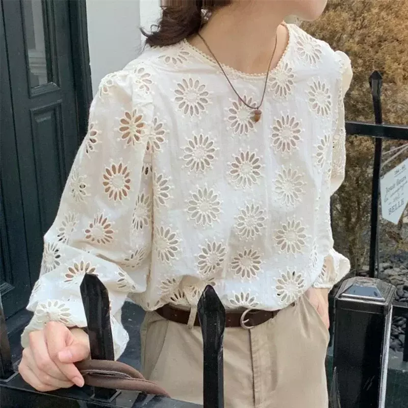 Vintage elegancka koronkowa bluzka z okrągłym dekoltem dla kobiet modny haft wydrążona luźne góra jednokolorowa na co dzień seksowne damskie koszule 30135