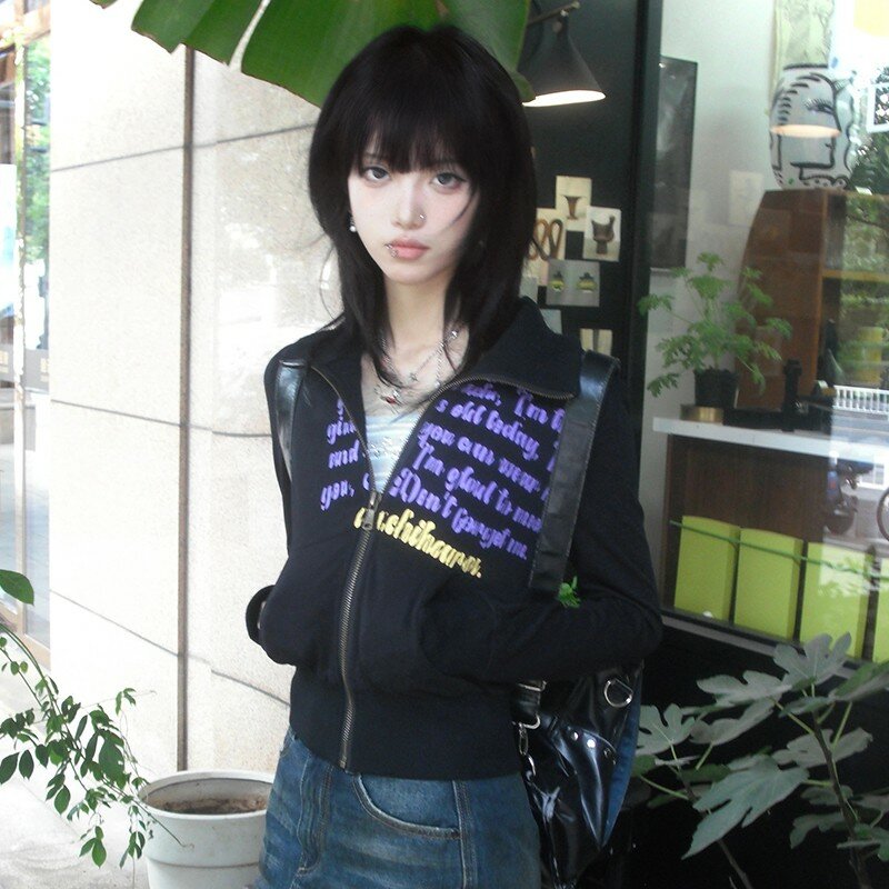 Karrram jaket crop Jepang Y2k, mantel pendek Harajuku Vintage, mantel Amerika Retro motif huruf ritsleting, pakaian luar Grunge