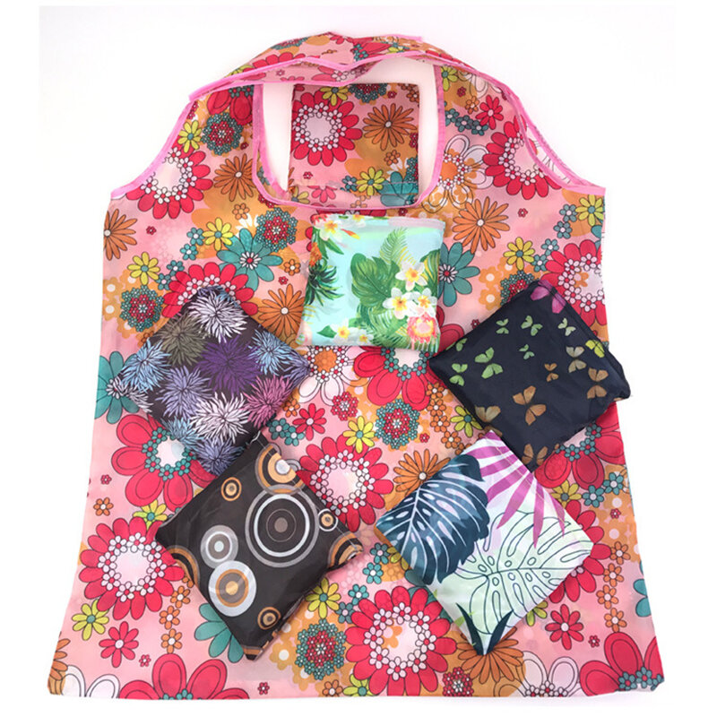 Fashion Flower Print Women's Handbags Foldable Eco Shopping Bag Tote Pouch Reusable Grocery Storage Bag Organizer Shopper Bags