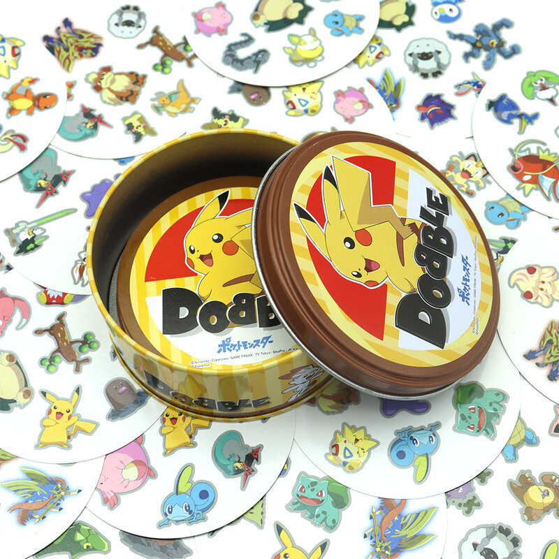 Spot It Dobble Pokemon Pikachu Anime permainan olahraga kartu hewan permainan papan interaktif hadiah permainan liburan kotak logam berkemah