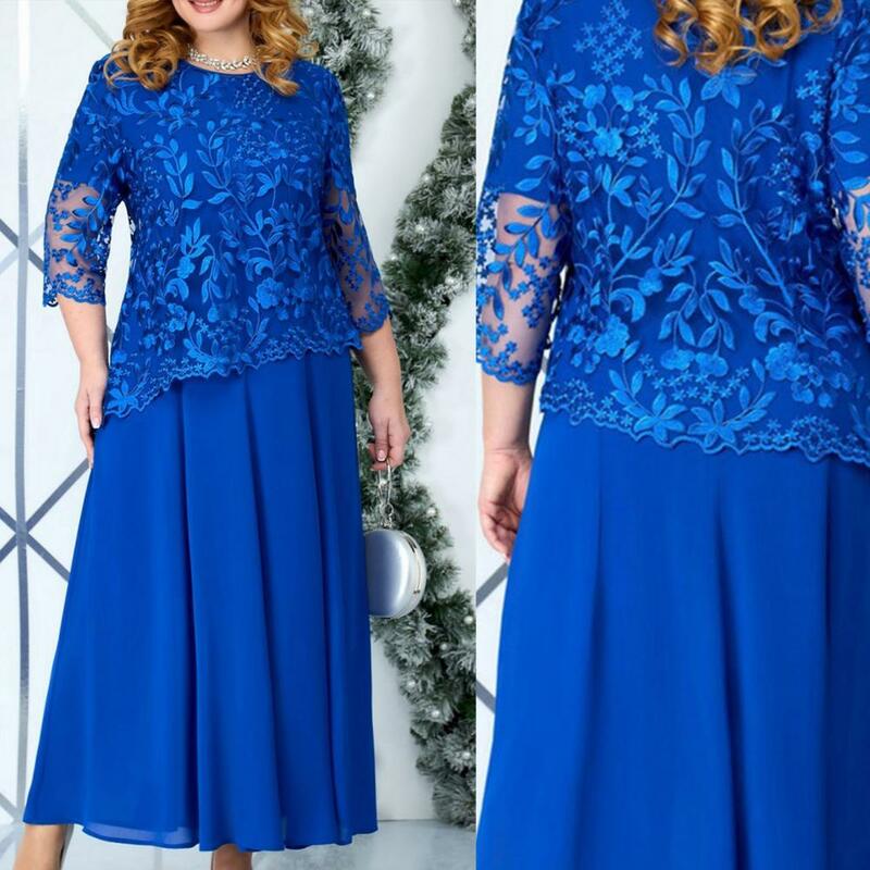 Szyfonowa sukienka elegancka sukienka Plus Size Maxi z haft w kwiaty koronkowym detalem rękaw 3/4 dekoltem sztuczna dwuczęściowa damska