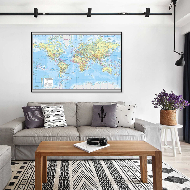 Fondo de mapa del mundo español, impresión en lienzo, decoración de dormitorio y oficina, suministros educativos escolares en español, 59x42cm