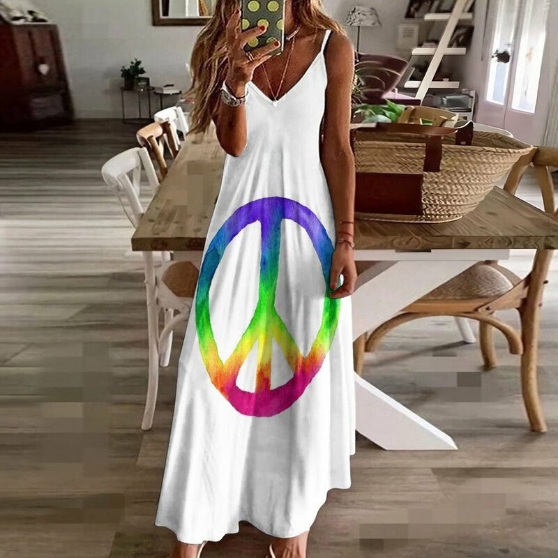 Vestido sin mangas con estampado de acuarela para mujer, traje elegante con estampado de arcoíris, signo de la paz, verano, 2023, 2023
