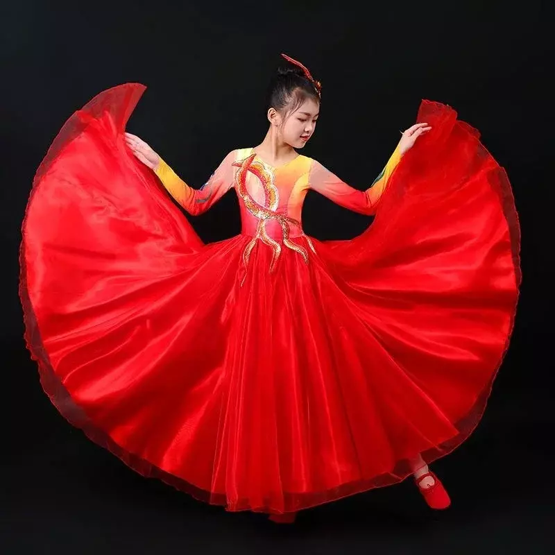 Открытая танцевальная юбка-качели, детская одежда для выступлений в китайском стиле, вечерняя одежда для выступлений, хора, проведения танцев, женское платье
