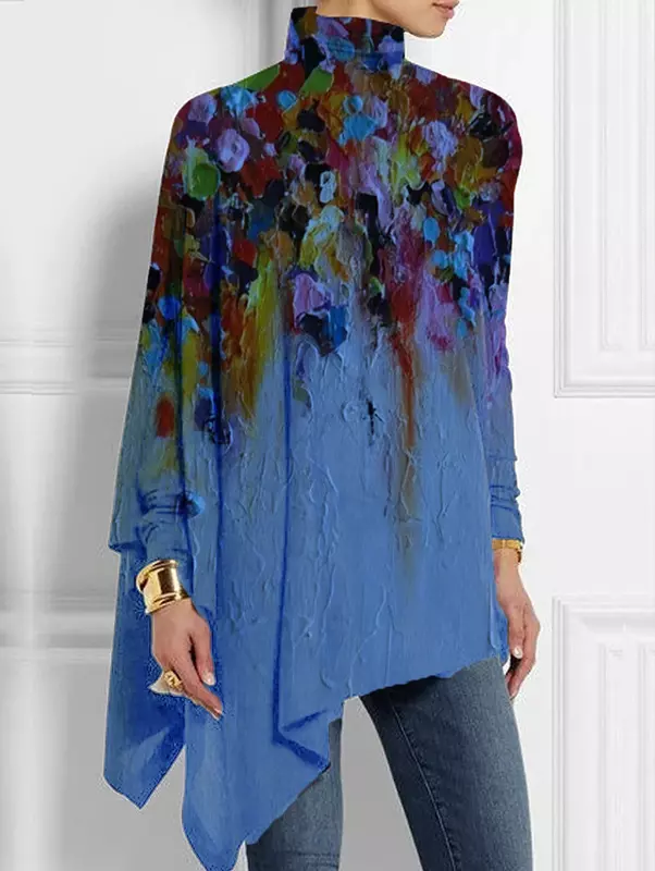 Damska bluzka Plus Size z nieregularnym brzegiem Jesień Zima Nowa moda Retro Koszulka z długim rękawem O-Neck Luźny asymetryczny top
