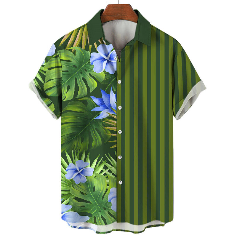 Hawaii kaus lengan pendek pria, atasan cetakan 3D pola bunga bergaris kasual musim panas