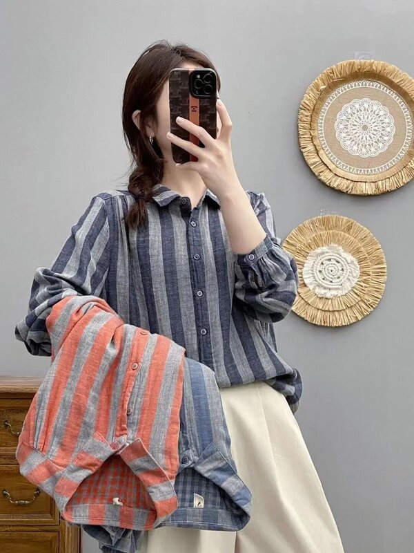 Camisa de manga larga de algodón para mujer, Top informal a rayas, camisa holgada Retro, escote, Primavera, novedad