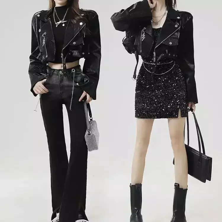 Jaqueta de couro PU punk para mulheres motocicletas, bordado de letras, casaco curto brilhante gótico chique, novo, outono, 2023