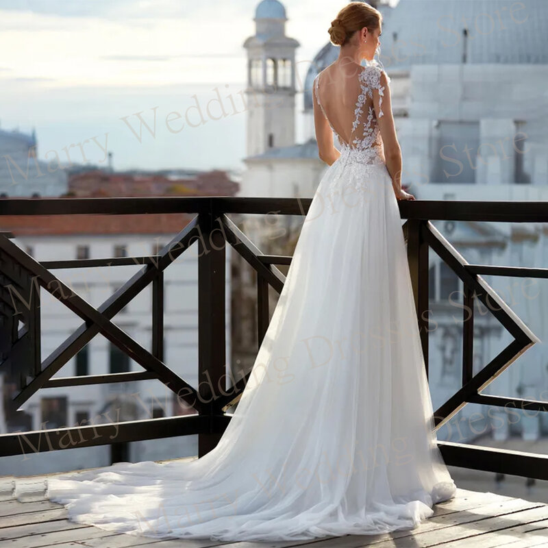 2024 urocze damskie suknie ślubne z okrągłym dekoltem w linii piękna koronka aplikacje suknie panny młodej bez pleców tiulowa szata De Mariee
