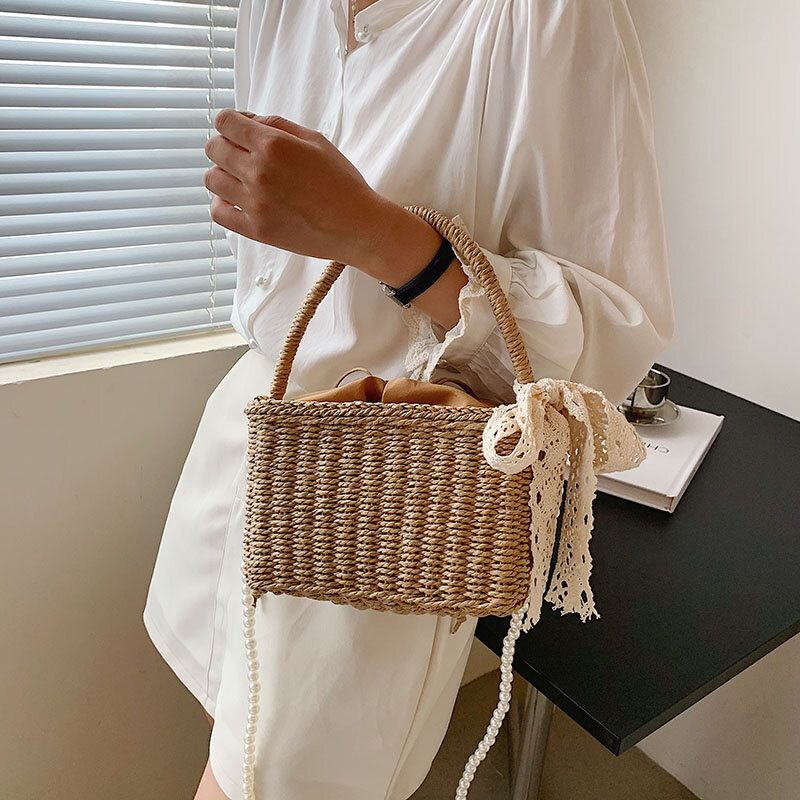 New Pearl Straw Bag Summer Hand-Woven Shoulder Bag Female Woven Basket Women'S Handbag Beach Ladies Travel Messenger Bags