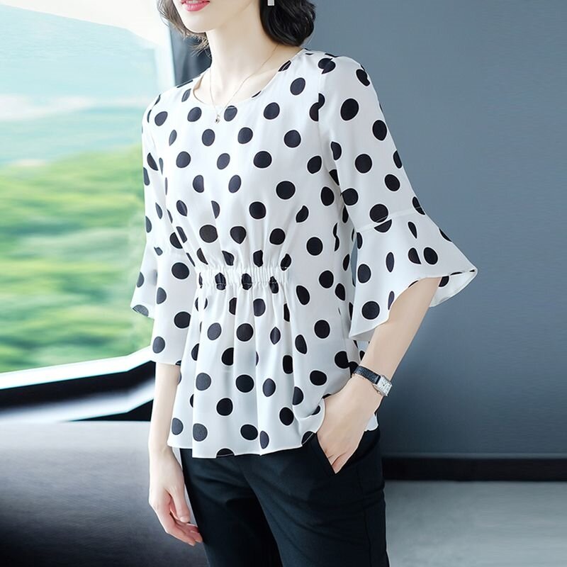 Женская шифоновая рубашка с коротким рукавом-фонариком и круглым вырезом