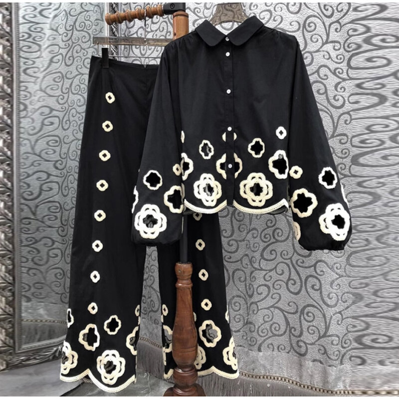 Women Niche Hollow Design Long-sleeved Suit 2024 Summer New Retro Loose Casual Lace Flower Trousers Suit Fashion Street Wear