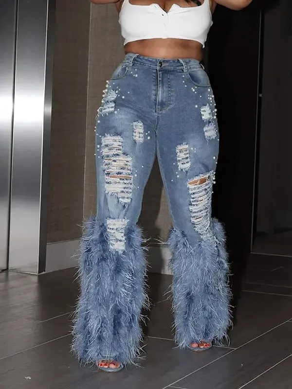 Модные женские джинсы с бахромой и дырками, с высокой талией и перьями, Y2K, уличная одежда, повседневные джинсовые брюки, весенние облегающие брюки с вырезами