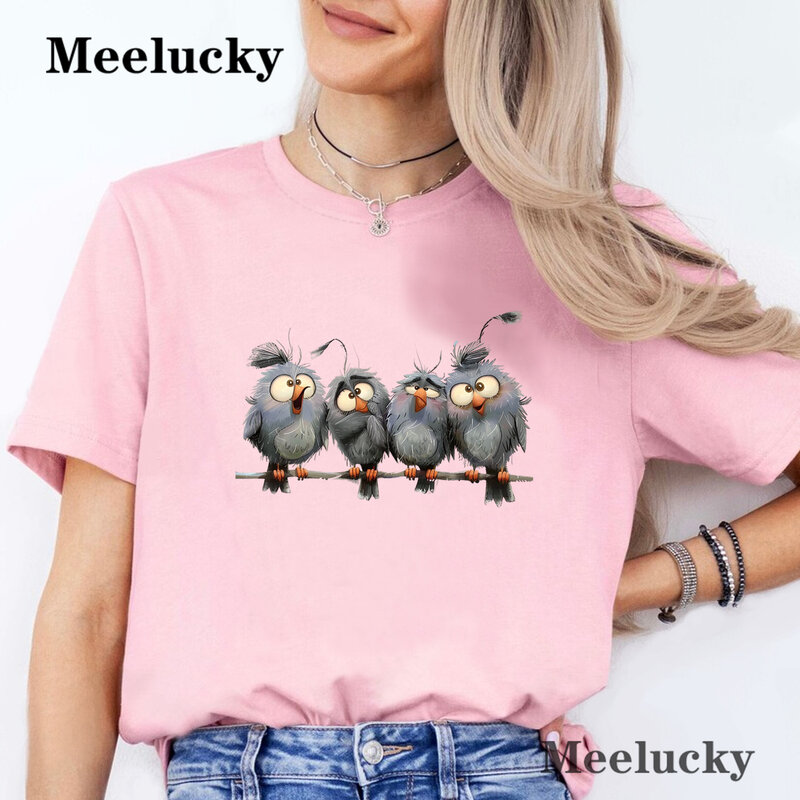 Camiseta de manga curta feminina casual com gola redonda, estampa engraçada com carta de pássaro, estampa animal, roupas para primavera e verão