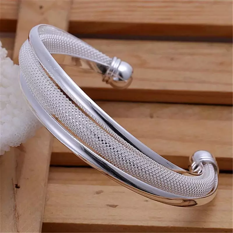 Factory Direct High925quality Silver 925 Plated Jewelry Fashion Hot Noble Stylish Simplicity Female Hypotenuse Mesh Bangles