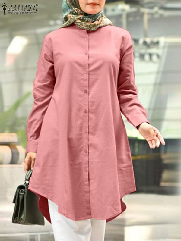 ZANZEA-blusa muçulmana de manga comprida com lapela, tops elegantes de hijab peru, roupas islâmicas OL, moda vintage, outono, 2023
