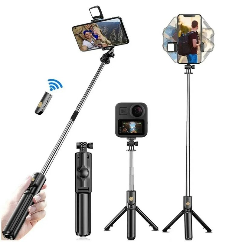 Suporte de tripé sem fio Selfie Stick com luz, controle remoto Bluetooth, extensível, iPhone, celular, Tiktok, transmissão ao vivo