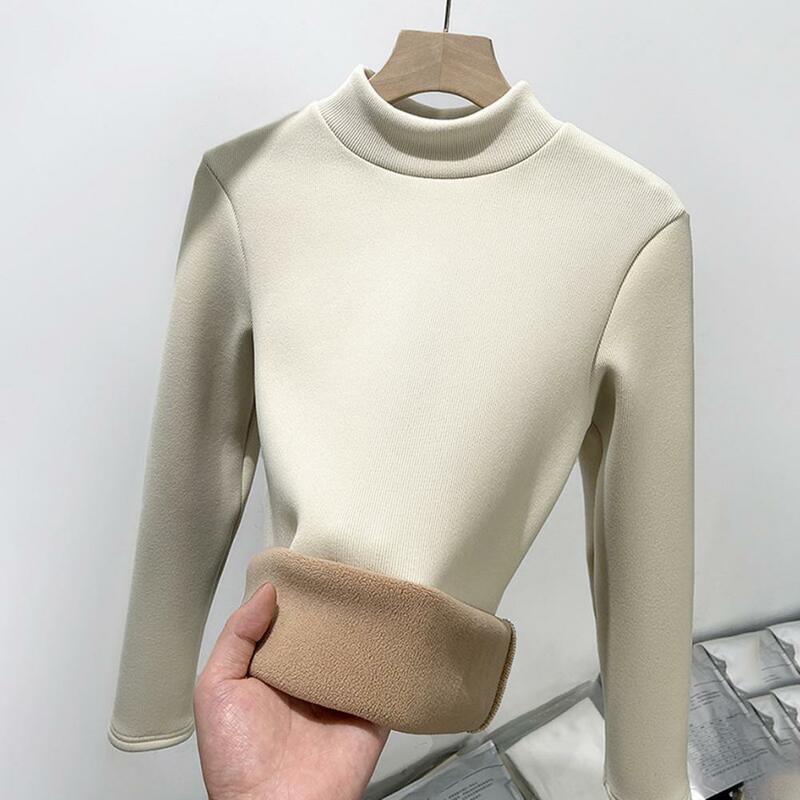 Velvet-lined Women Top Elegant Thicken Velvet Lined Winter Sweater Slim Fit Knitwear Jumper with Half High Collar Stay Warm