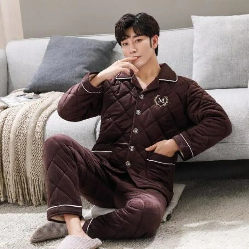 2024 New Sleepwear Men Winter Plush Thick Pajiamas Three-layer Loungewear Coral Velvet Flannel Insulation Male Home Clothing Set