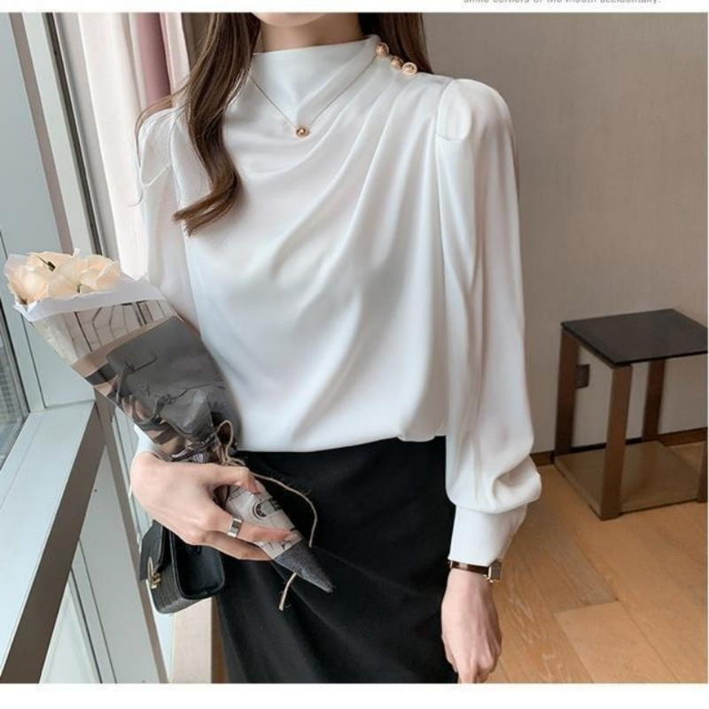 Elegant Button Patchwork Shirt Tops Spring New Long Sleeve Solid Color Loose Pleated Blouse Temperament Office Women Clothing