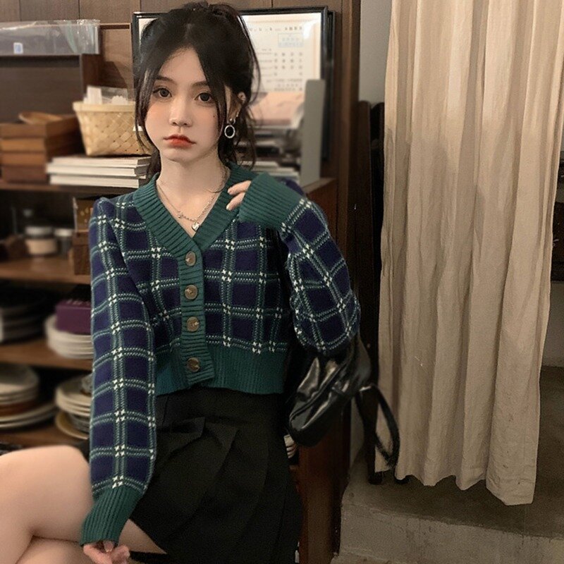 Camisola xadrez feminina vintage com decote em v único breasted cardigan para mulher outono inverno coréia moda cardigan recortado