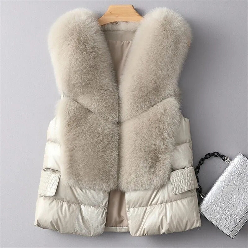 Mulheres Iimitation Fox Fur Vest Coat, jaqueta curta, desgaste do inverno feminino, colete sem mangas, outono, novo