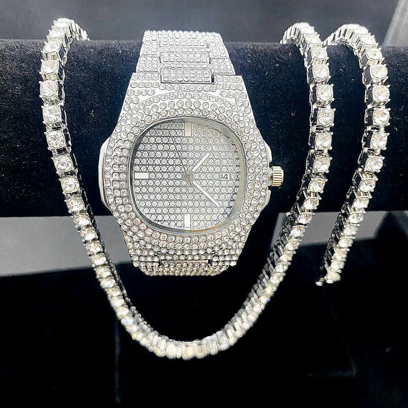 3 pçs colares relógios pulseiras hip hop prong 5mm tênis cubana corrente gelo para fora strass cz bling para mulheres masculinas conjunto de jóias