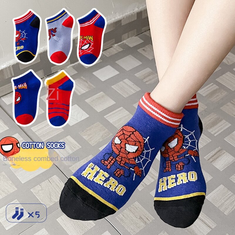 5 Pairs Spiderman Children Socks Anime Kids Boys Short Sock Iron Man Captain America Cartoon Baby Summer Spring Boat Socks 1-12Y